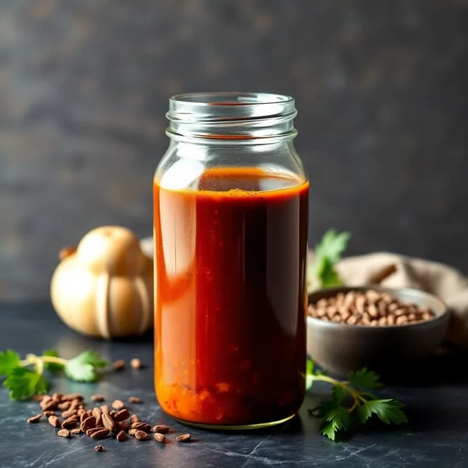 Premium organic cooking sauce base in glass jar with spices