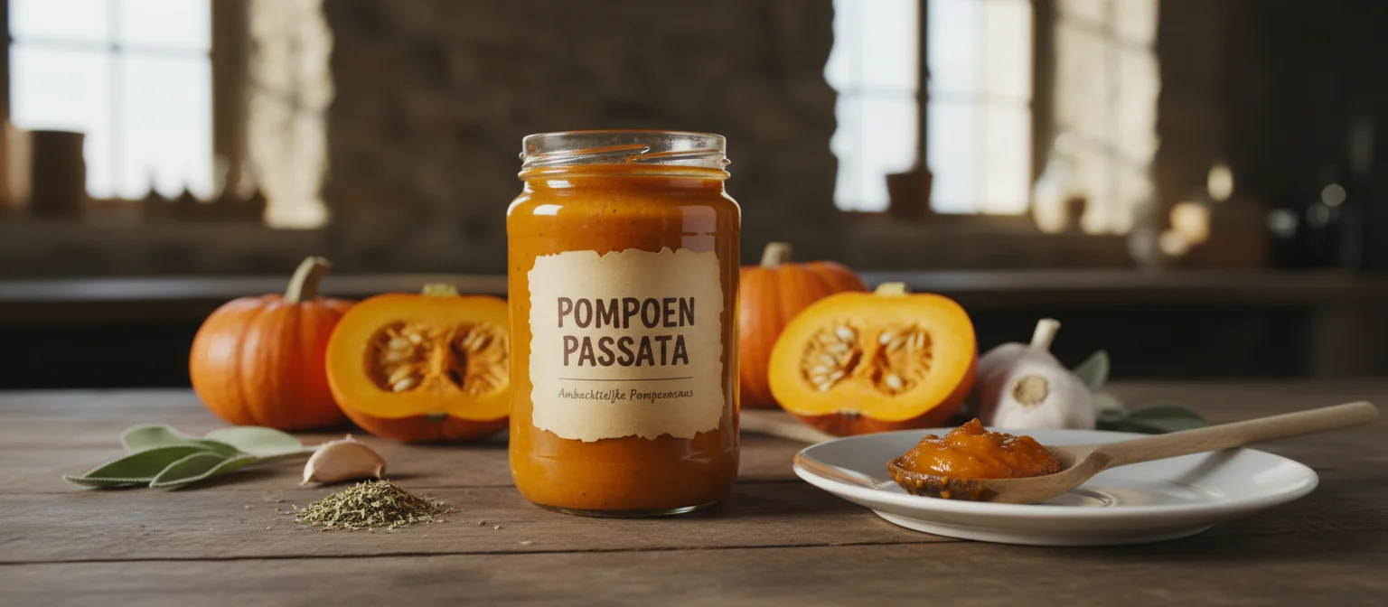Premium organic pasta sauce in glass jar with fresh herbs and garlic