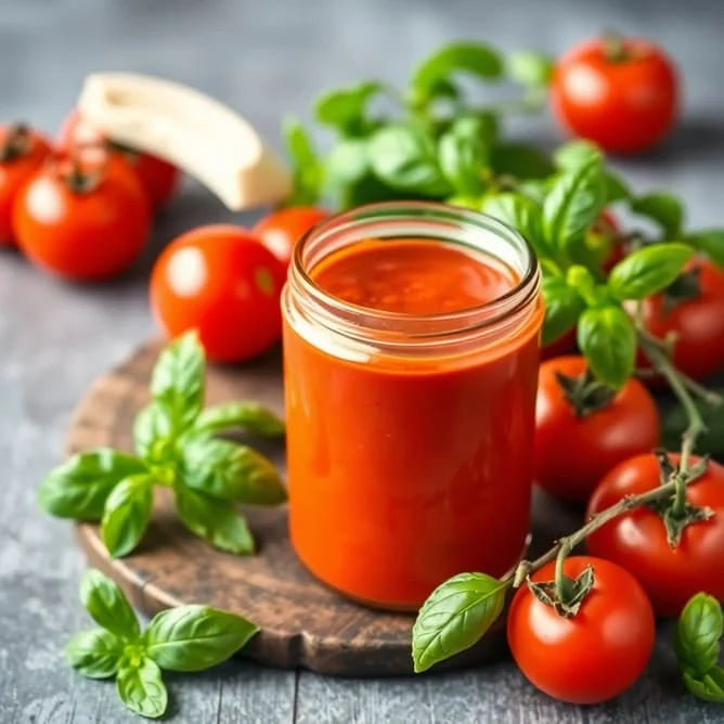Premium organic tomato soup in glass jar with fresh basil and tomatoes